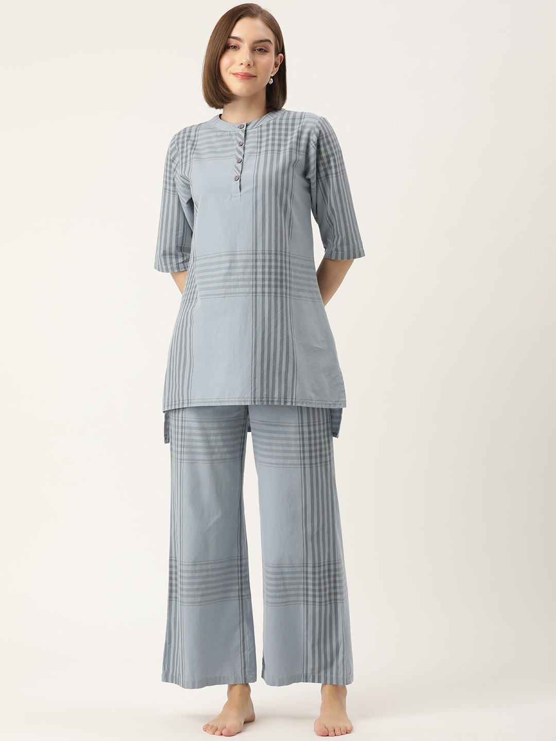 

Clt.s Women Checked Pure Cotton Longline Night suit, Blue