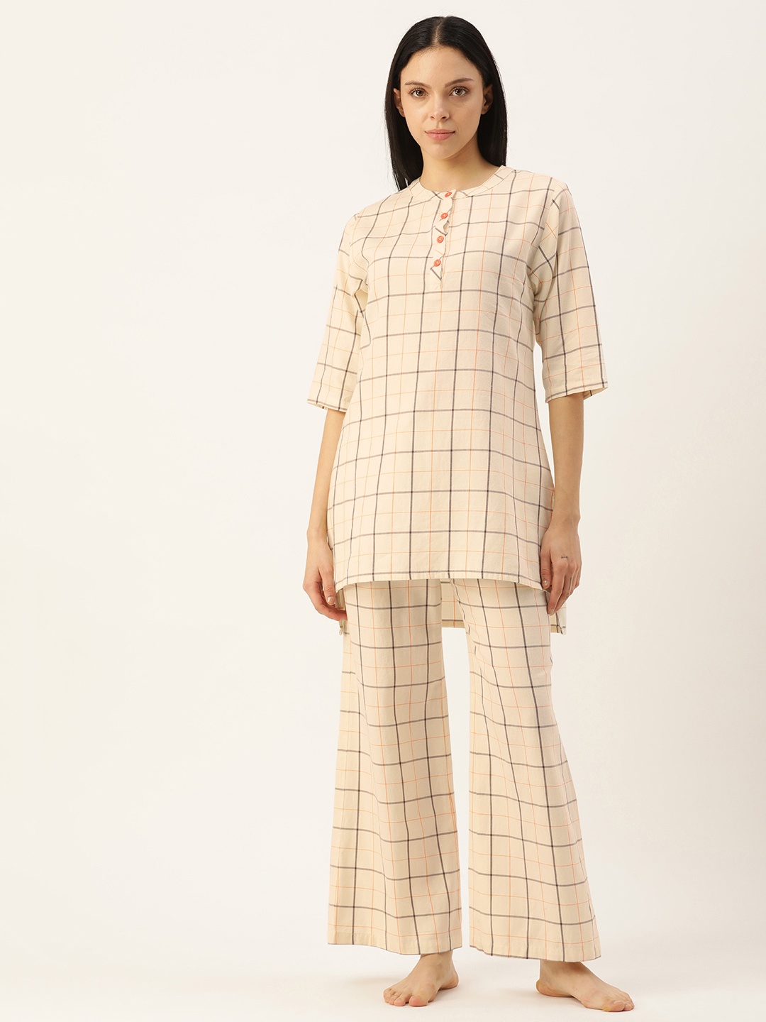 

Clt.s Checked Mandarin Collar Pure Cotton Night Suit, Cream