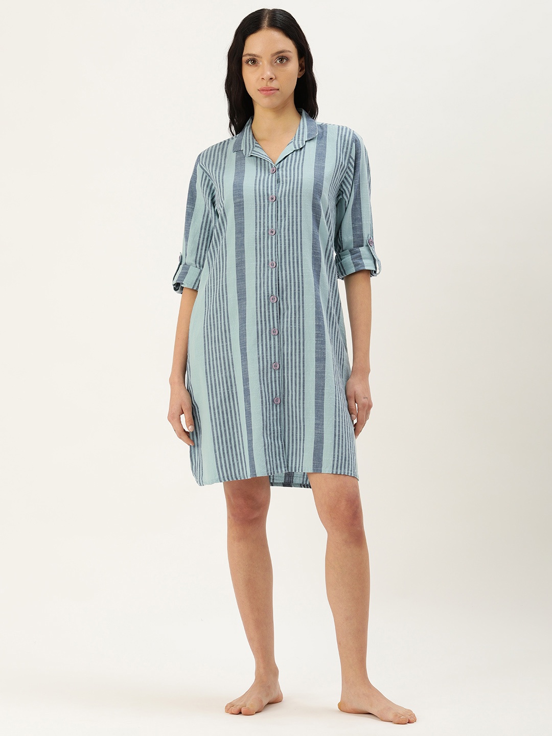 

Clt.s Striped Pure Cotton Nightdress, Blue
