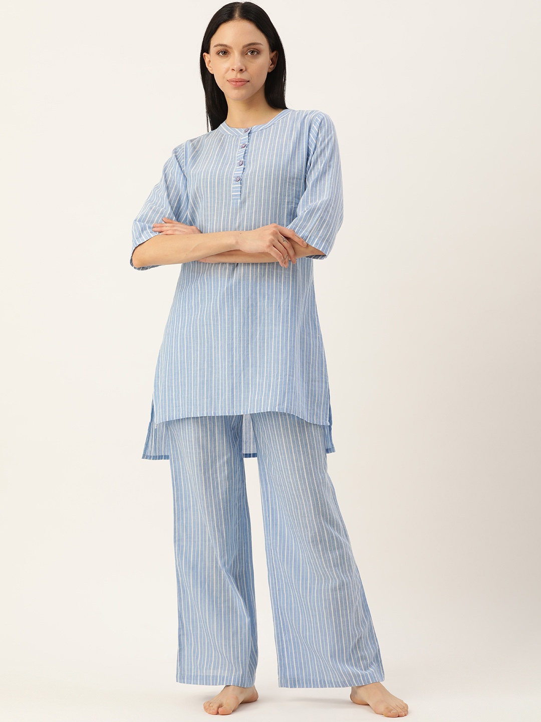 

Clt.s Striped Mandarin Collar Pure Cotton Night Suit, Blue