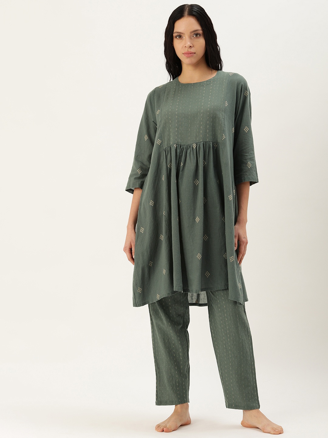 

Clt.s Geometric Printed Pure Cotton Night Suit, Olive