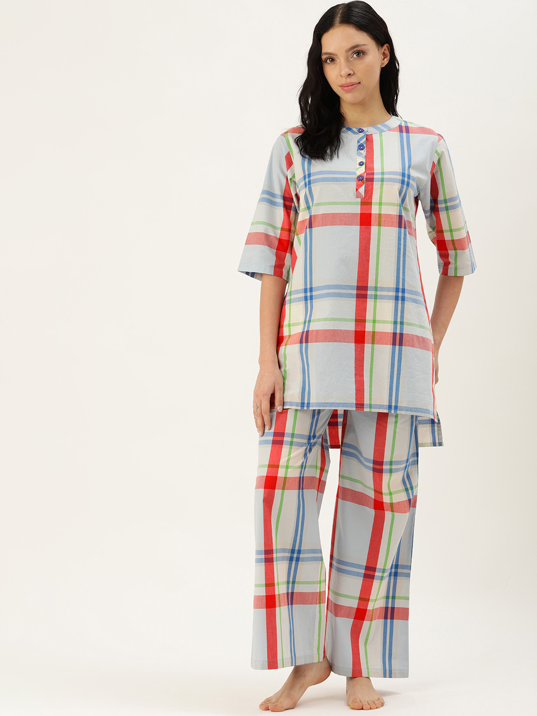 

Clt.s Checked Pure Cotton Night Suit, Blue