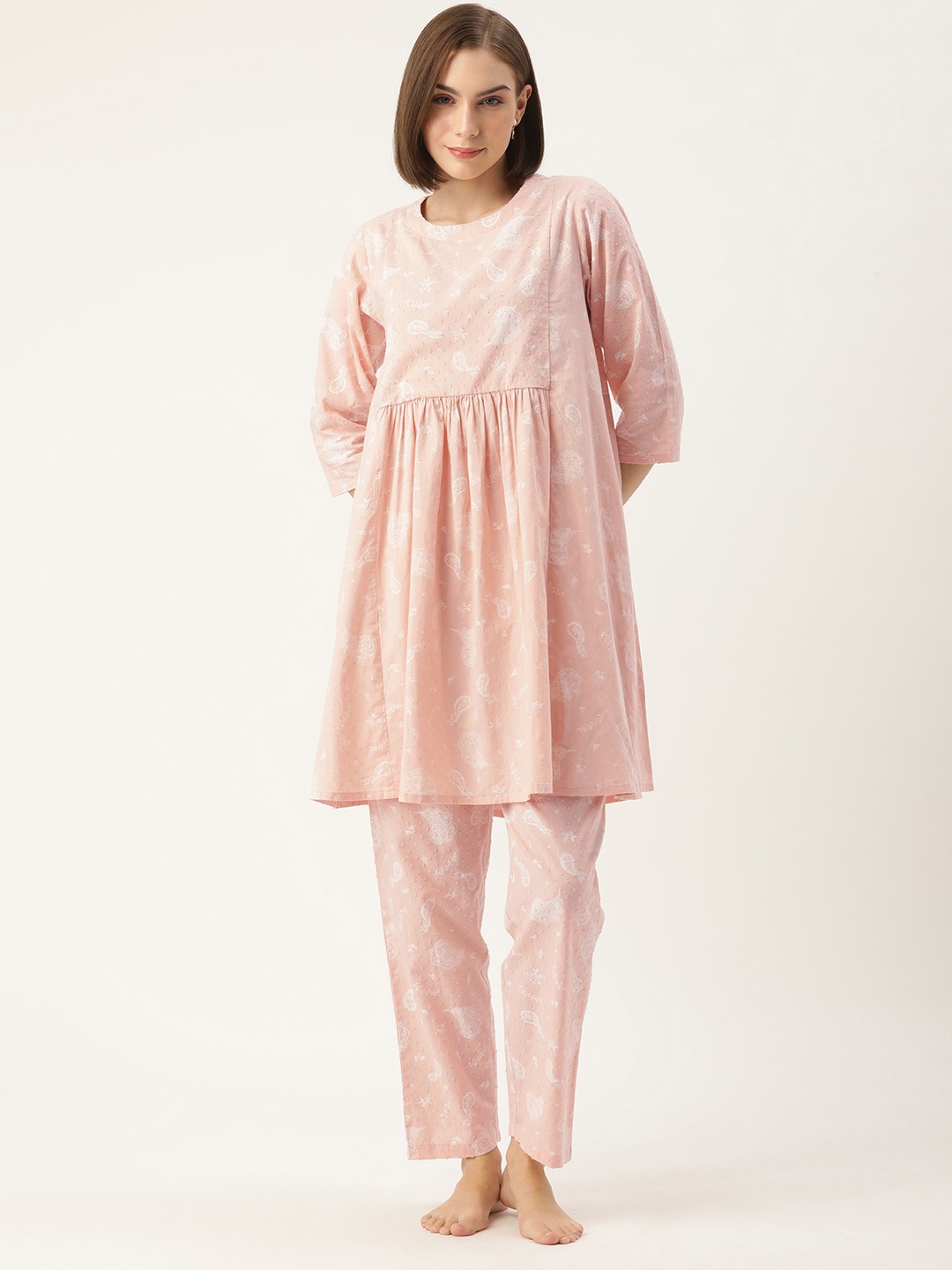 

Clt.s Ethnic Motifs Printed Pure Cotton Night Suit, Peach