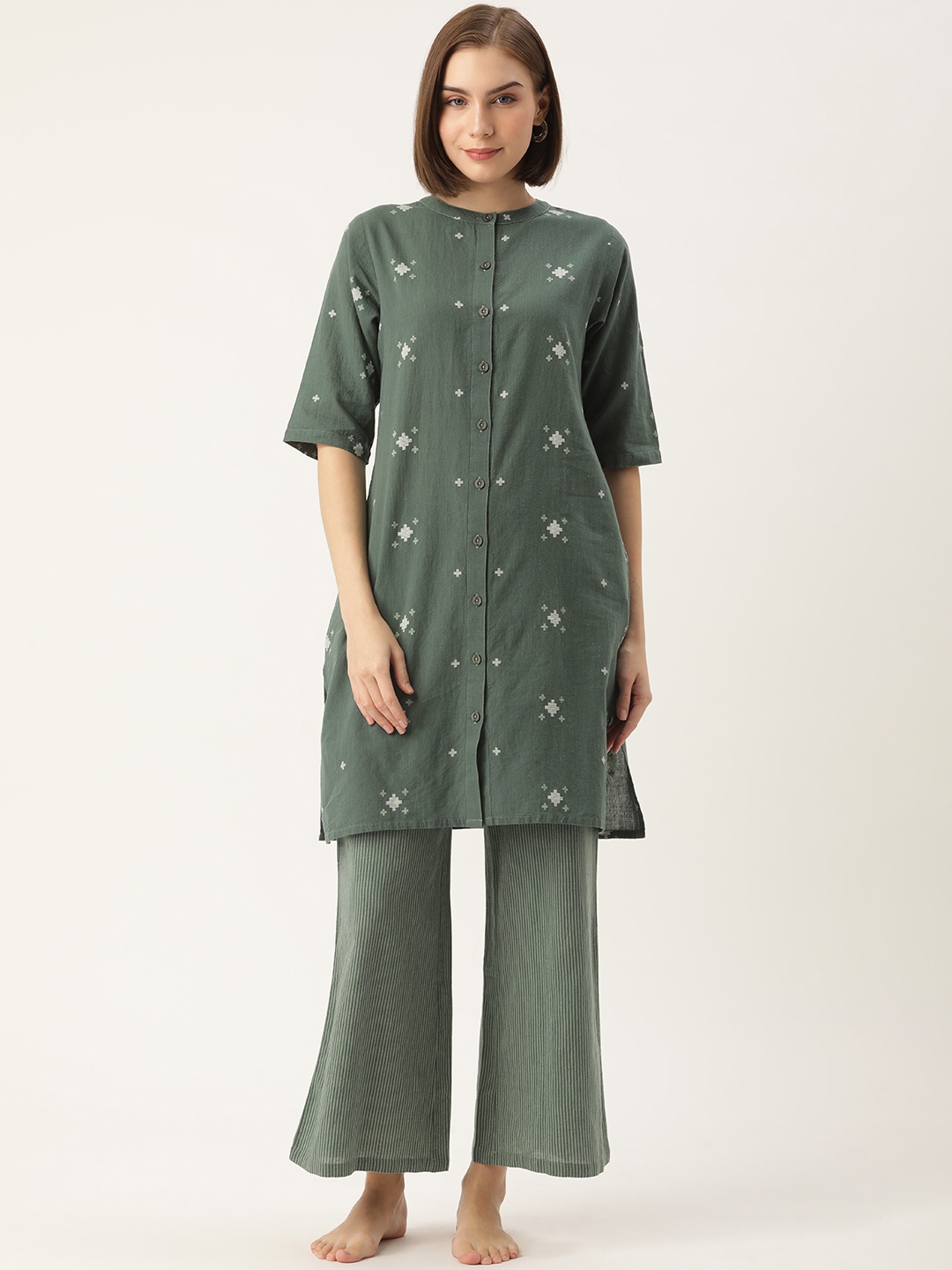 

Clt.s Women Abstract Printed Pure Cotton Longline Night suit, Green