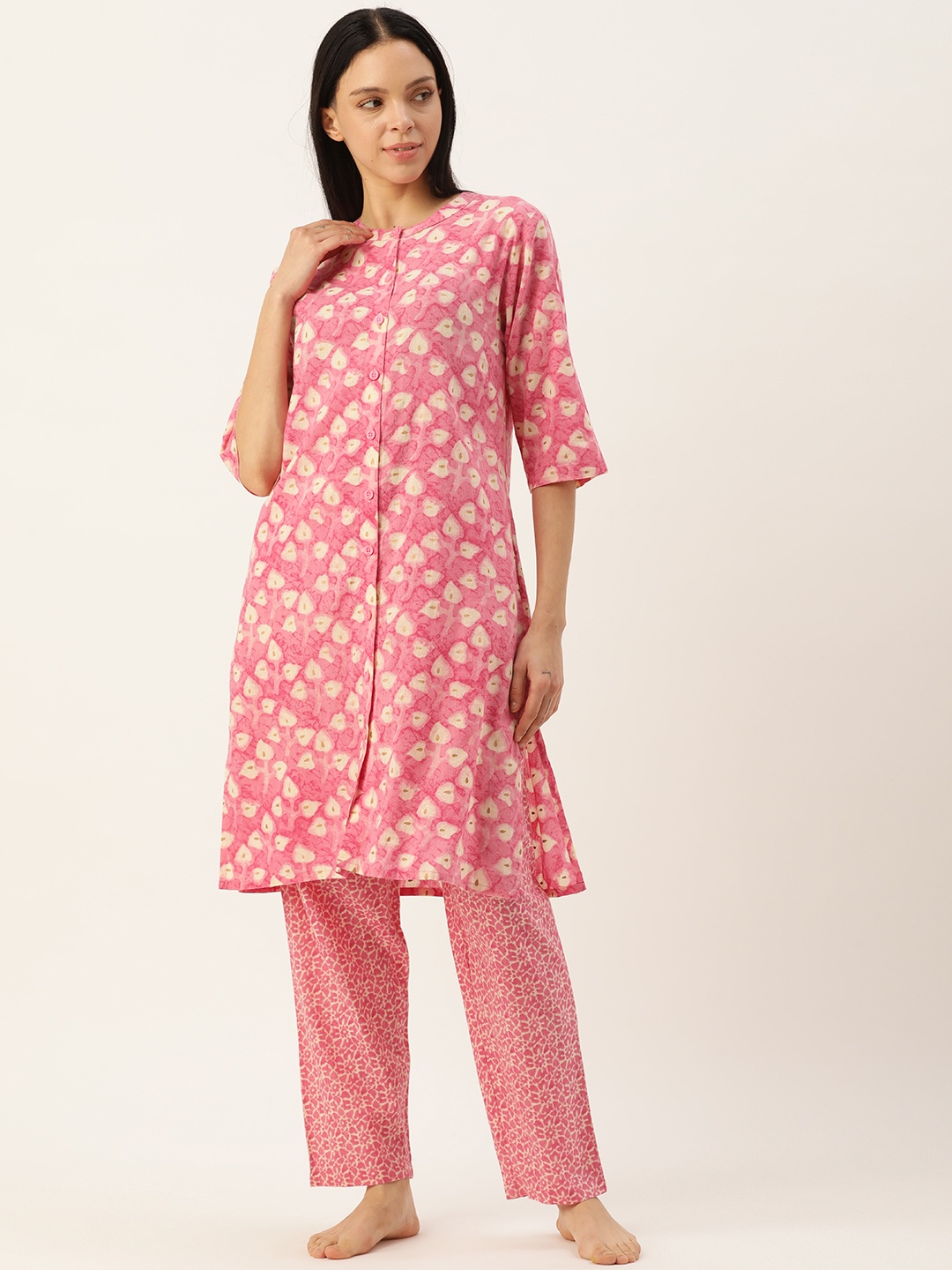 

Clt.s Floral Printed Mandarin Collar Pure Cotton Night Suit, Pink
