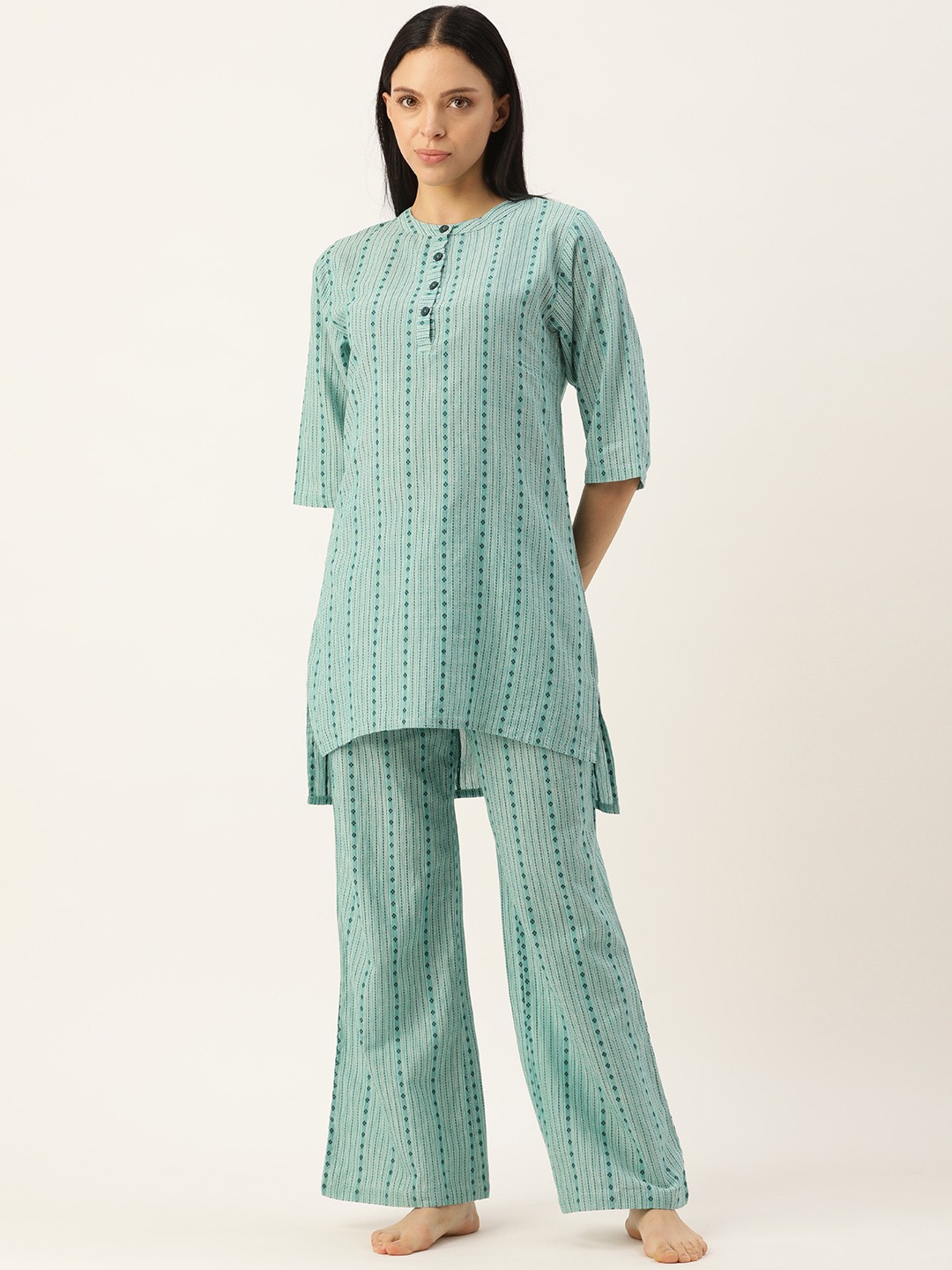 

Clt.s Striped Mandarin Collar Pure Cotton Night Suit, Green