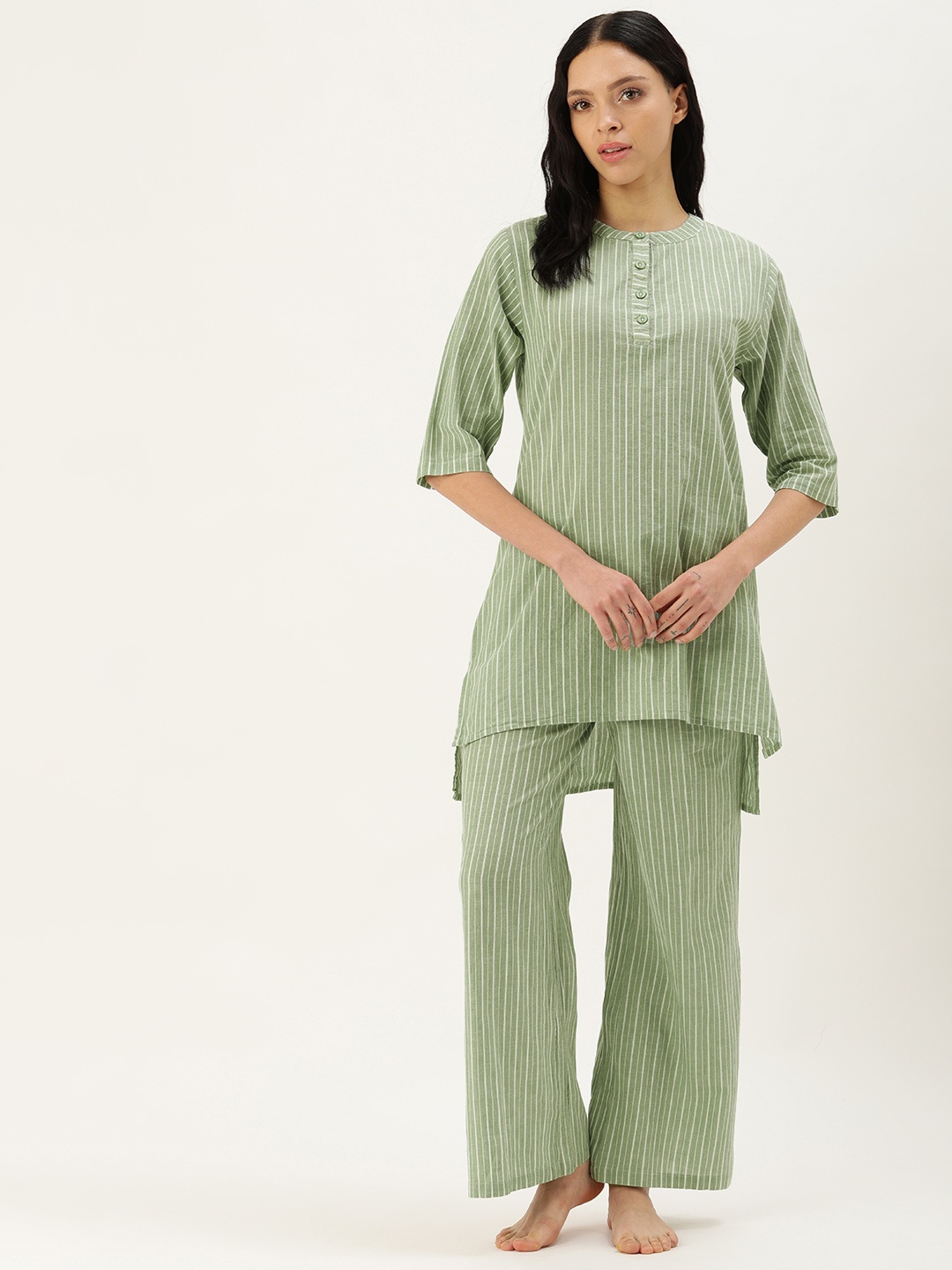 

Clt.s Striped Pure Cotton Night Suit, Green