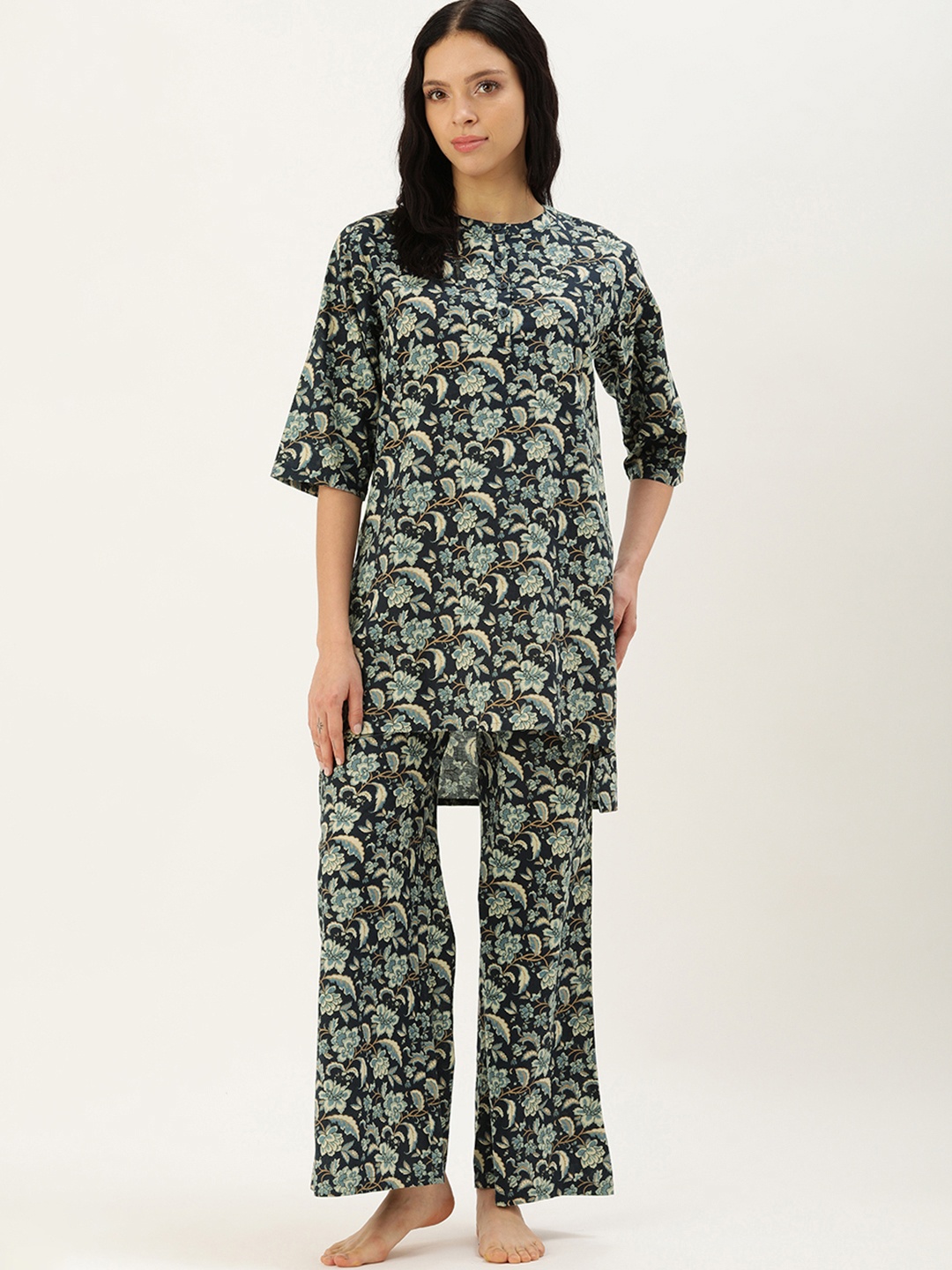 

Clt.s Floral Printed Pure Cotton Night Suit, Navy blue