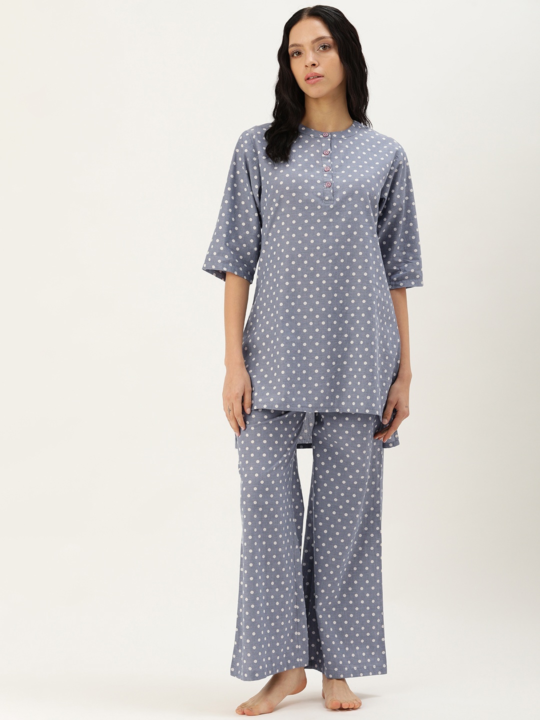 

Clt.s Polka Dots Printed Pure Cotton Night Suit, Grey