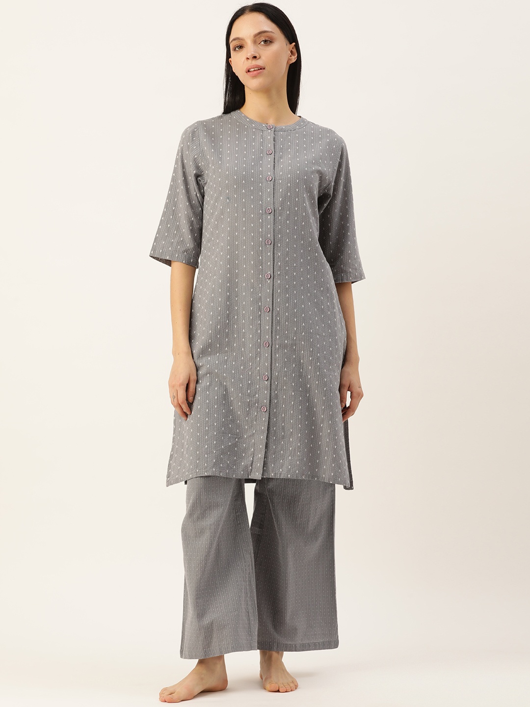 

Clt.s Striped Mandarin Collar Pure Cotton Night Suit, Grey