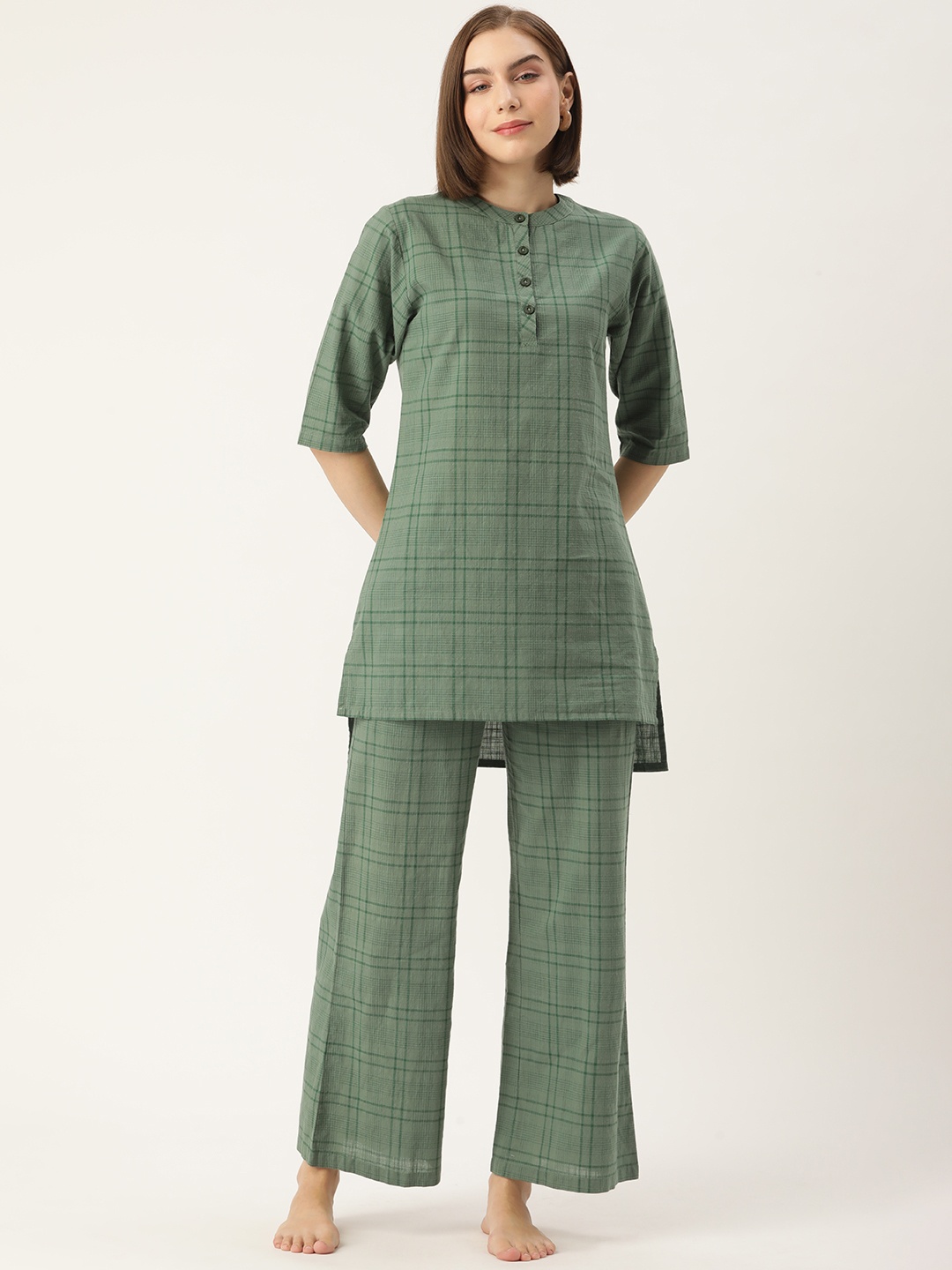

Clt.s Checked Pure Cotton Night Suit, Green
