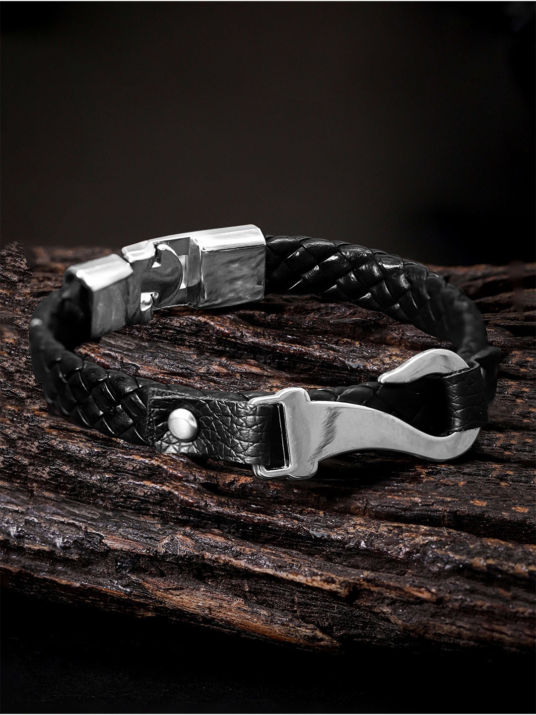 

Roadster Men Leather Braided Leather Bracelet With Hook, Black