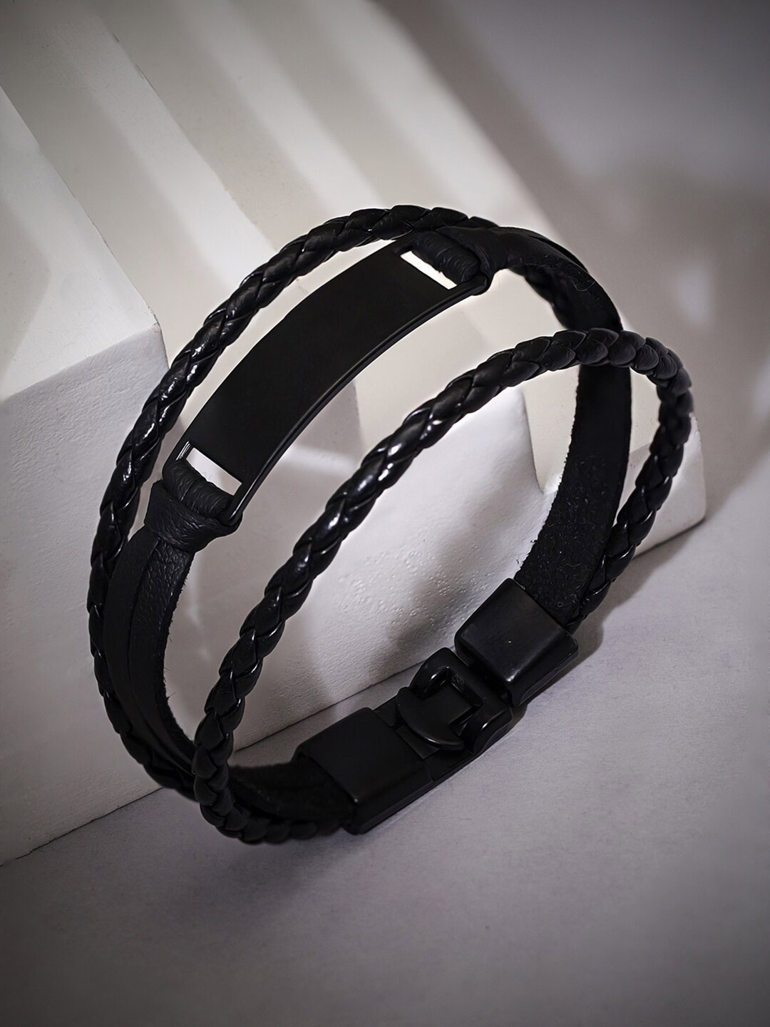 

Roadster Black Leather Braided Triple Layer Bracelet