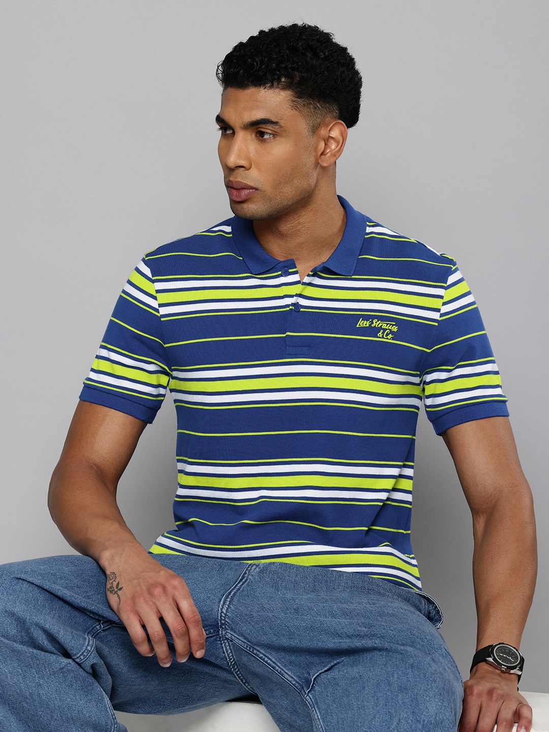 

Levis Pure Cotton Striped Polo Collar T-shirt, Blue