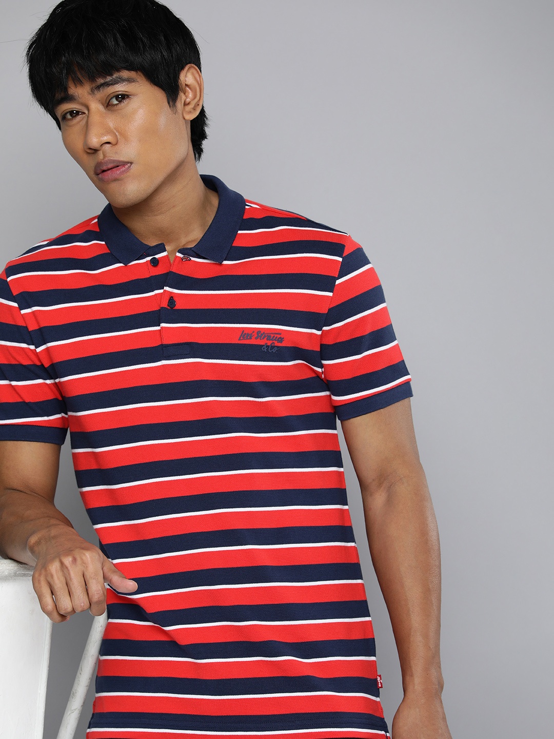 

Levis Pure Cotton Polo Collar Striped T-shirt, Navy blue