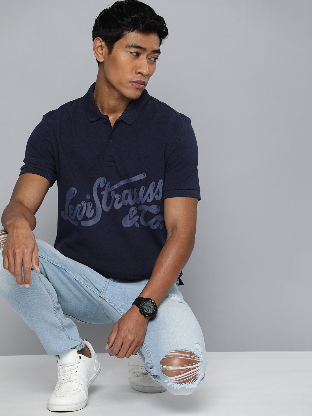 

Levis Brand Logo Printed Polo Collar Pure Cotton T-shirt, Navy blue