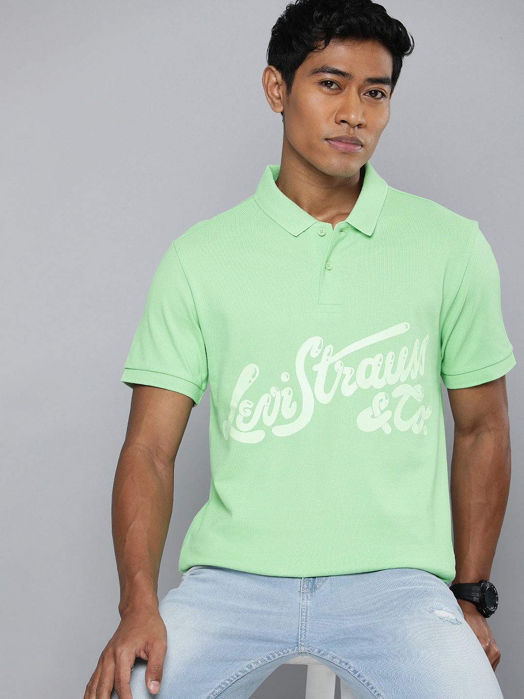 

Levis Brand Logo Printed Polo Collar Pure Cotton T-shirt, Green