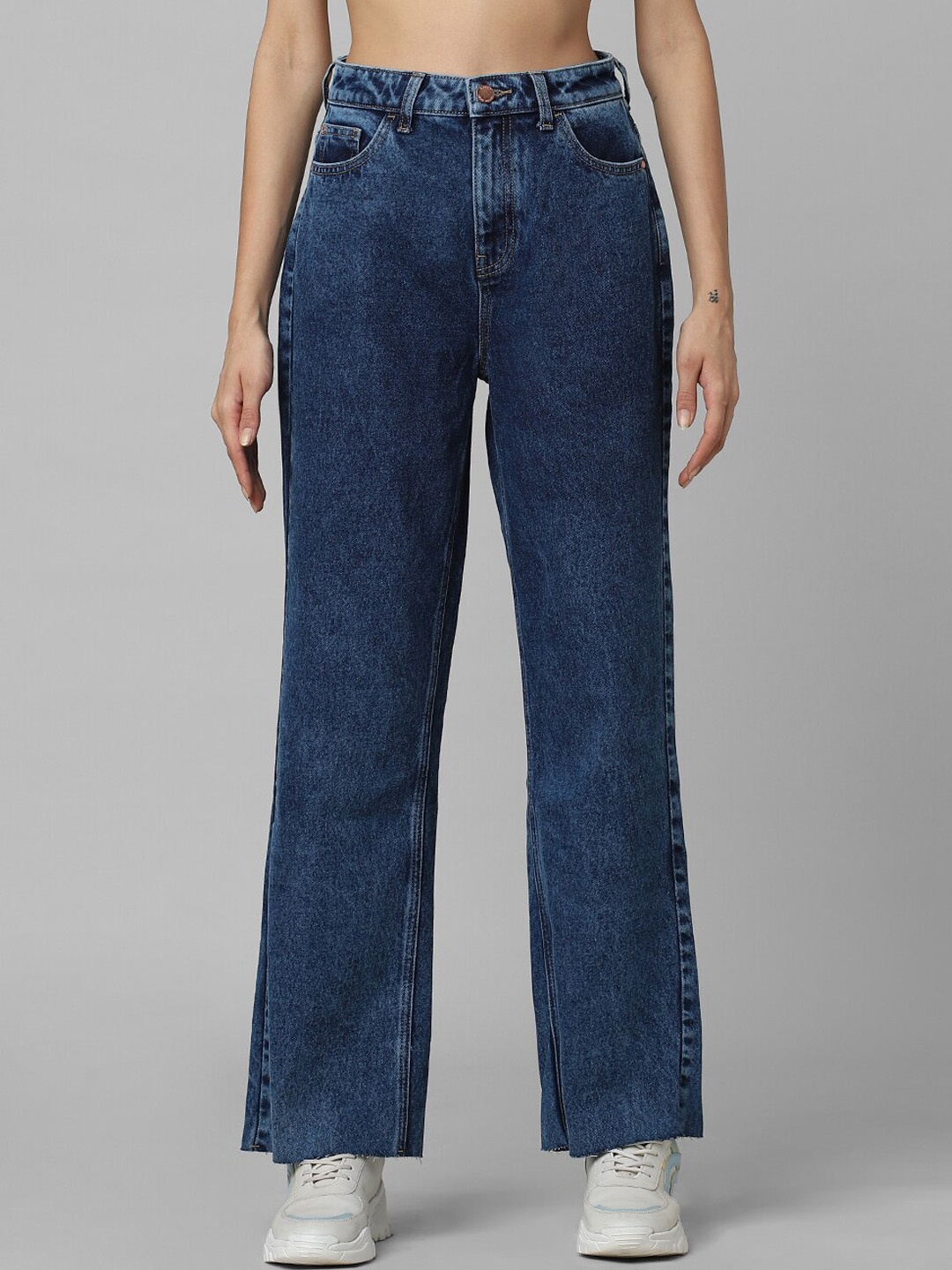 

ONLY Women Straight Fit Pure Cotton High-Rise Jeans, Blue