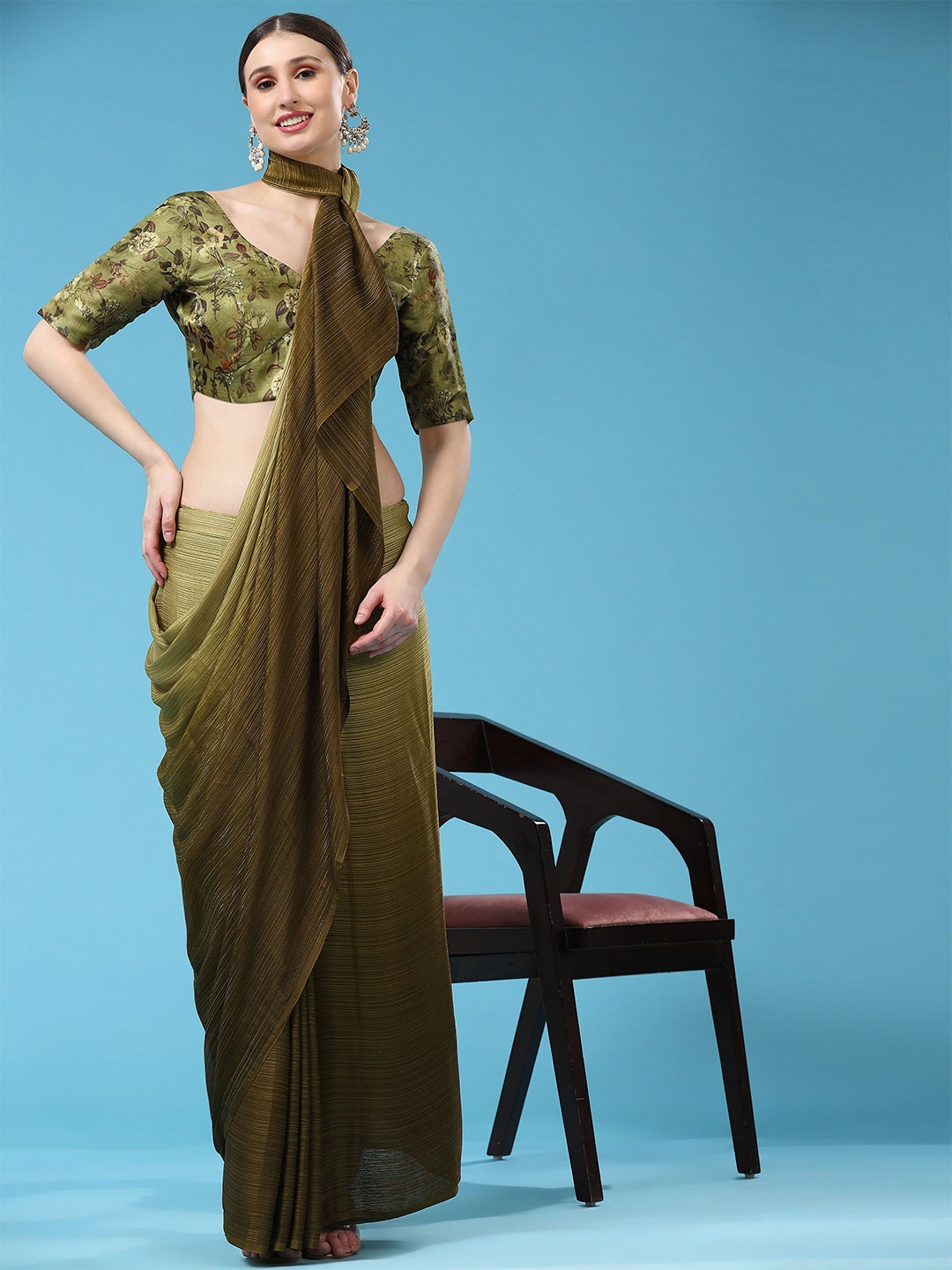 

RACHNA Ombre Shades Marble Chiffon Ready To Wear Saree, Green