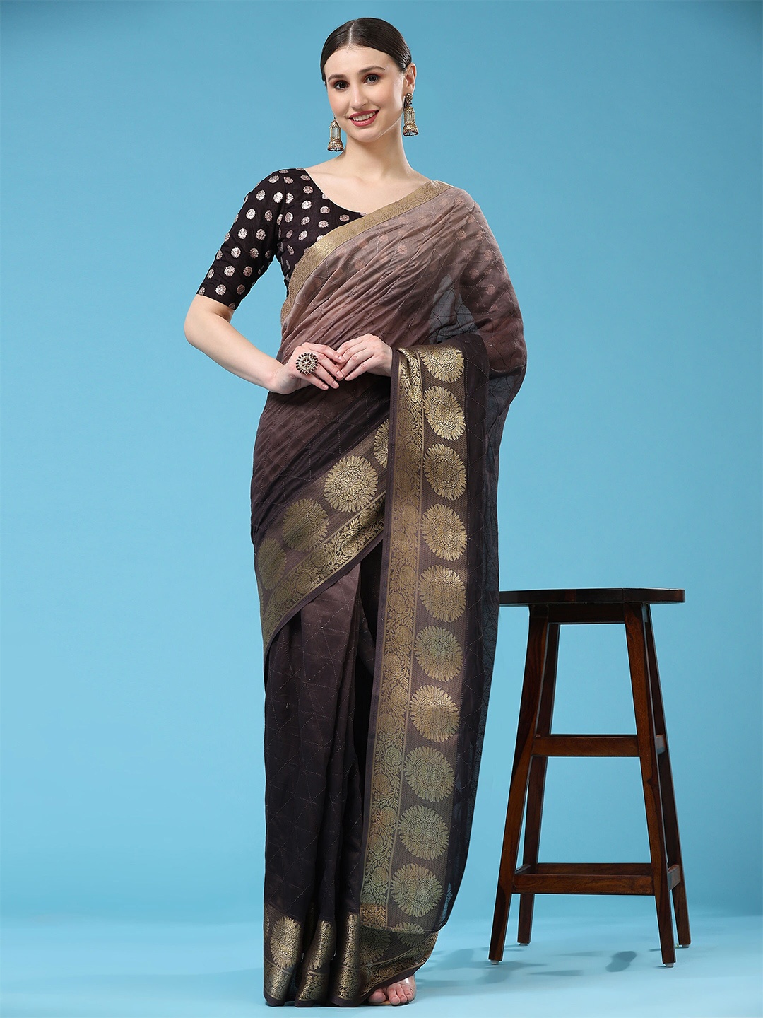 

RACHNA Ombre Shades Sequinned Ready To Wear Saree, Brown
