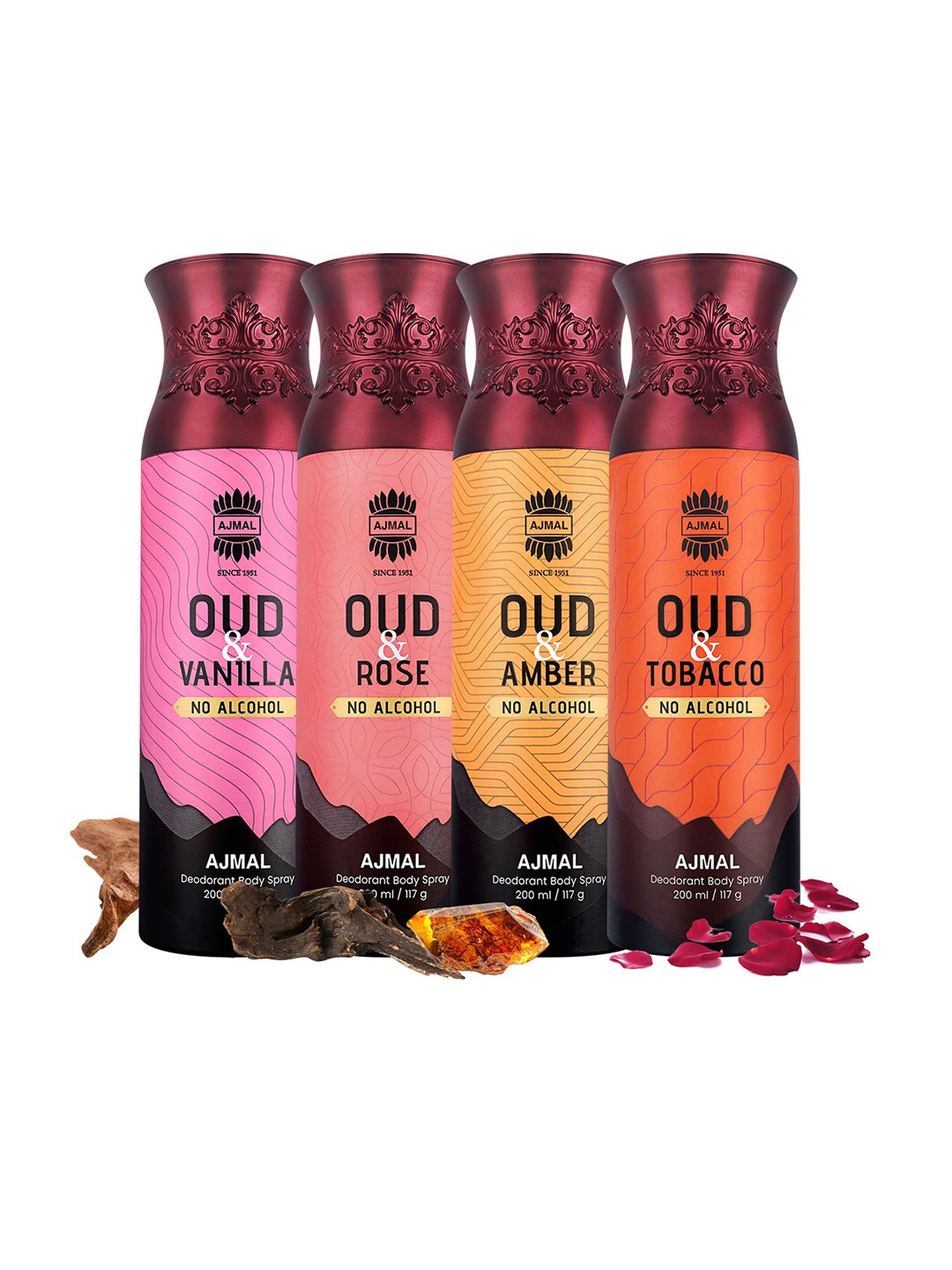 

Ajmal Set Of 4 Oud Vanilla-Oud Amber-Oud Rose-Oud Tobacco Deodorant - 200ml/117g Each, Pink