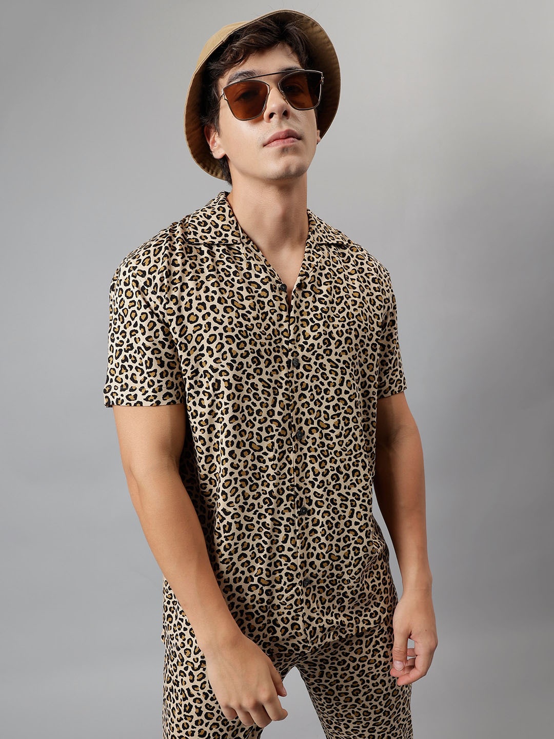 

Hancock Men Leopard Printed Cuban Collar Shirt with Trouser, Beige