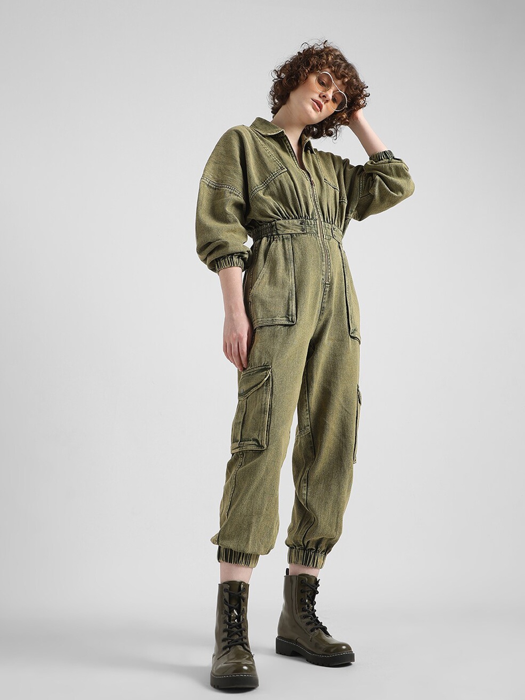 

ONLY Acid Washed Shirt Collar Pure Cotton Cargo Jumpsuit, Green