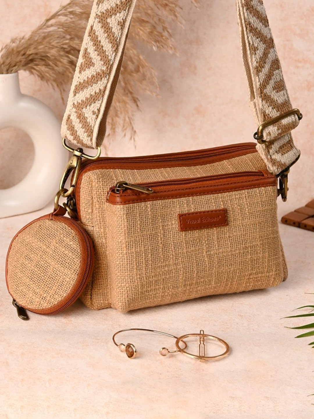 

Visual Echoes Textured Structured Sling Bag, Beige