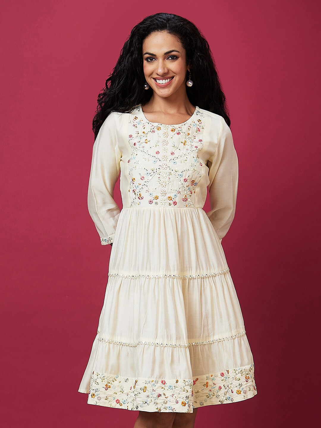 

Globus Floral Embroidered Sequinned Fit & Flare Mini Dress, Off white