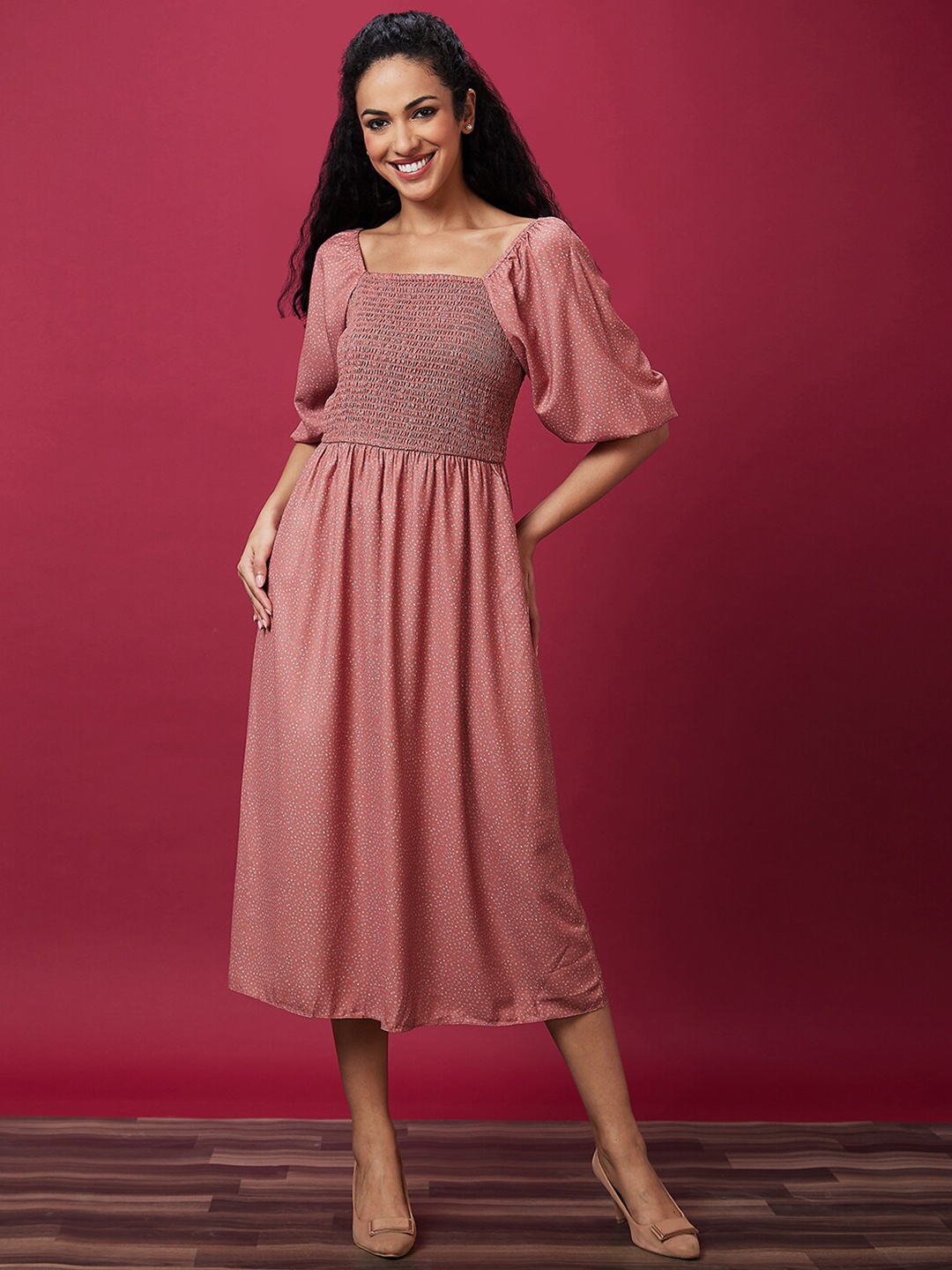 

Globus Abstract Printed Smocked A Line Dress, Peach