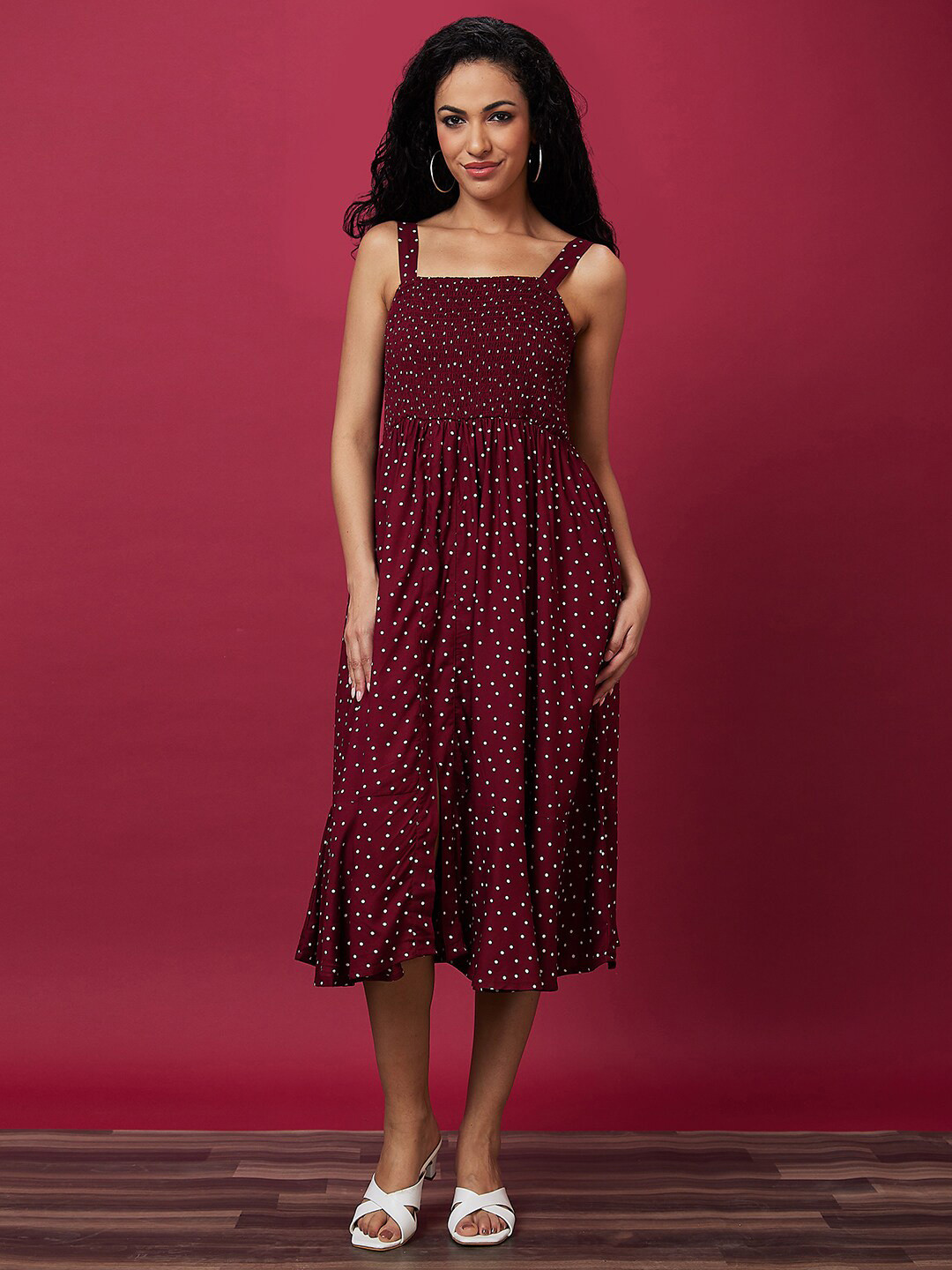 

Globus Polka Dot Print Shoulder Straps Smocking Fit & Flare Dress, Maroon