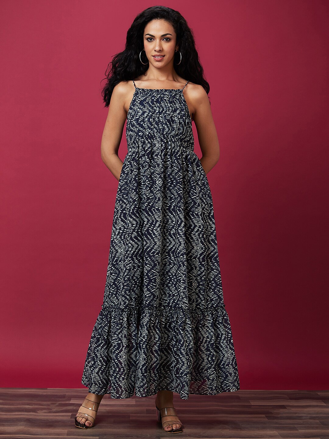 

Globus Ethnic Motifs Printed Shoulder Strap Tiered Maxi Dress, Black