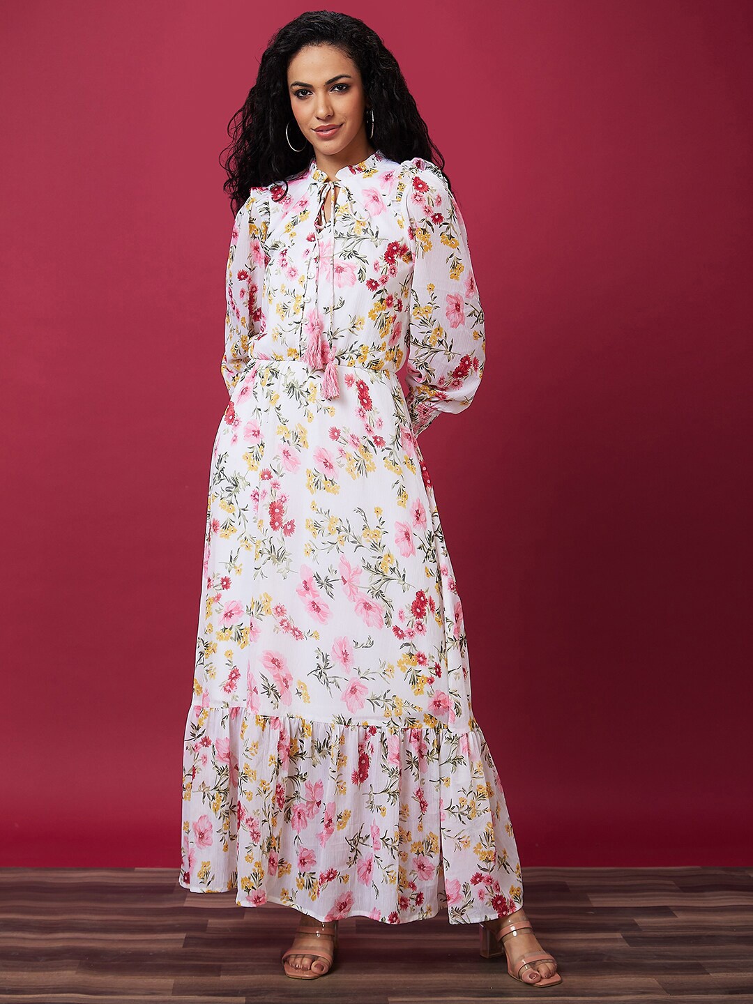 Globus Floral Printed Tie-Up Neck Gathered Maxi Dress, White
