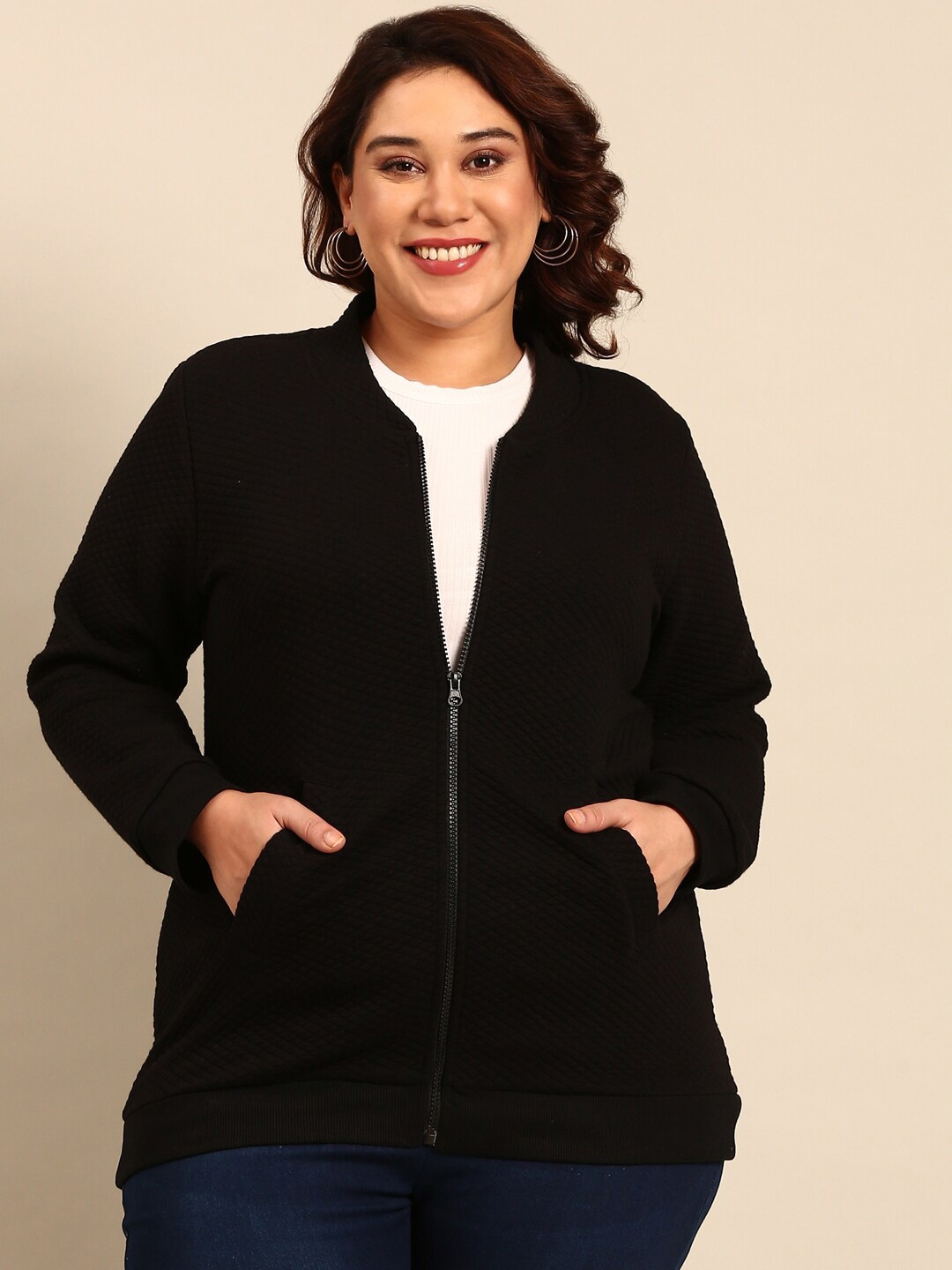 

The Pink Moon Collarless Cotton Open Front Jacket, Black