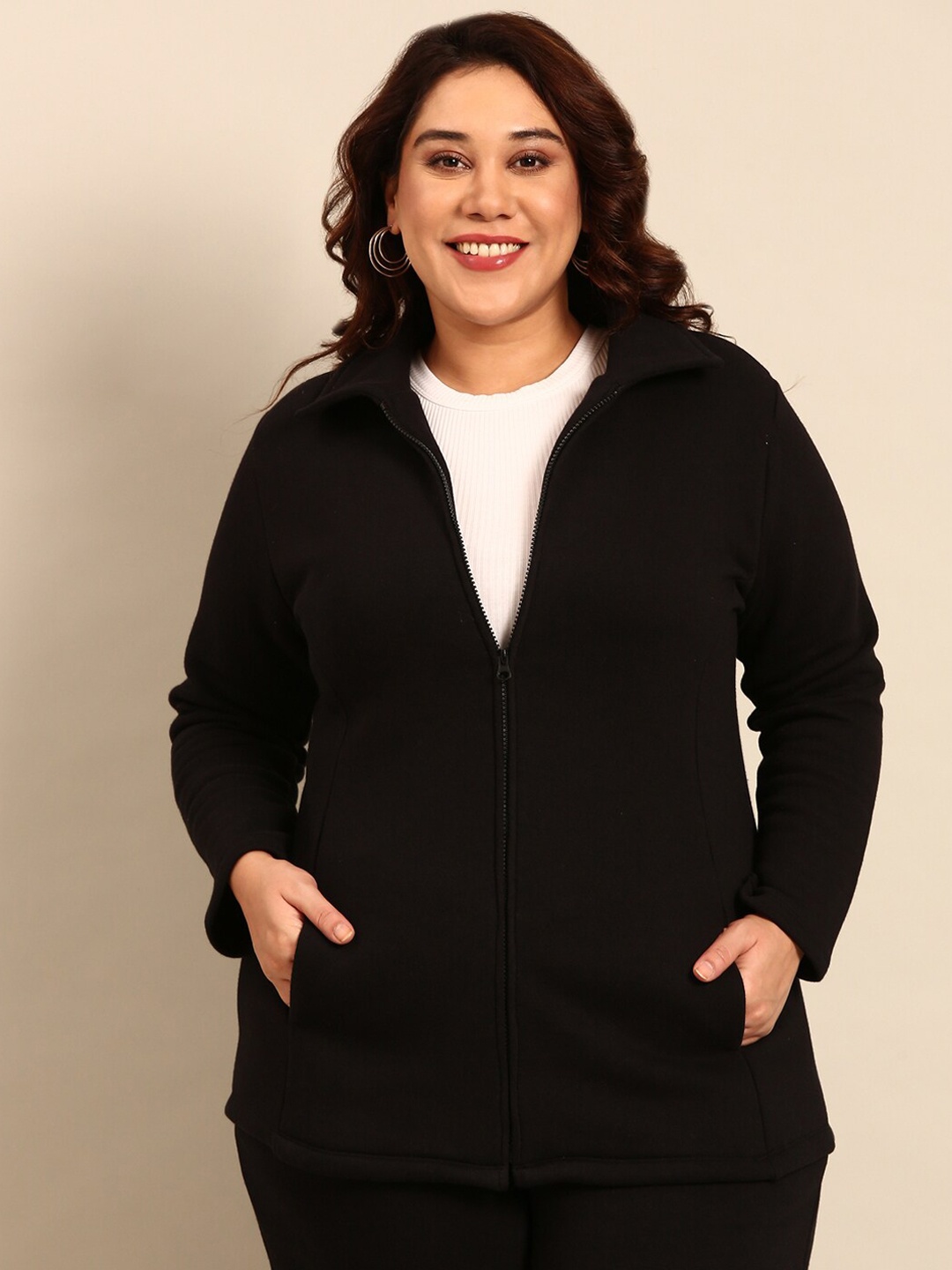 

The Pink Moon Plus Size Mock Collar Cotton Bomber Jacket, Black