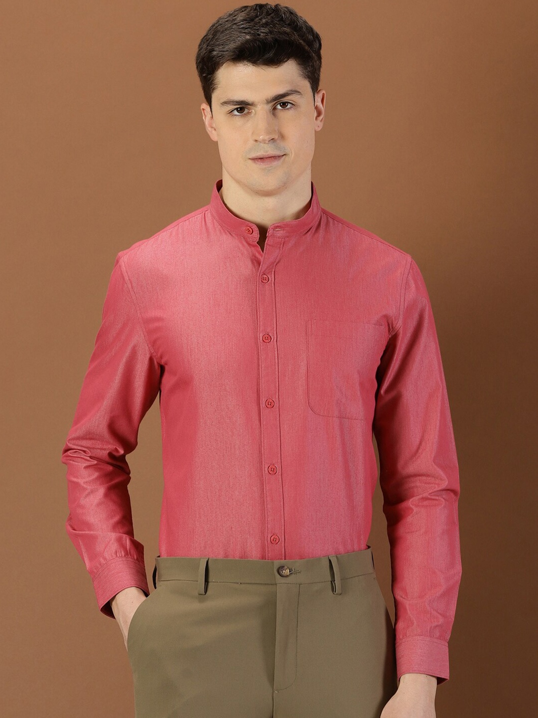 

INVICTUS Original Slim Fit Band Collar Pure Cotton Formal Shirt, Coral