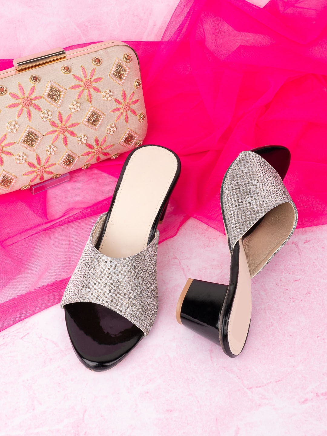 

Trendigo Embellished Open Toe Block Heels, Silver