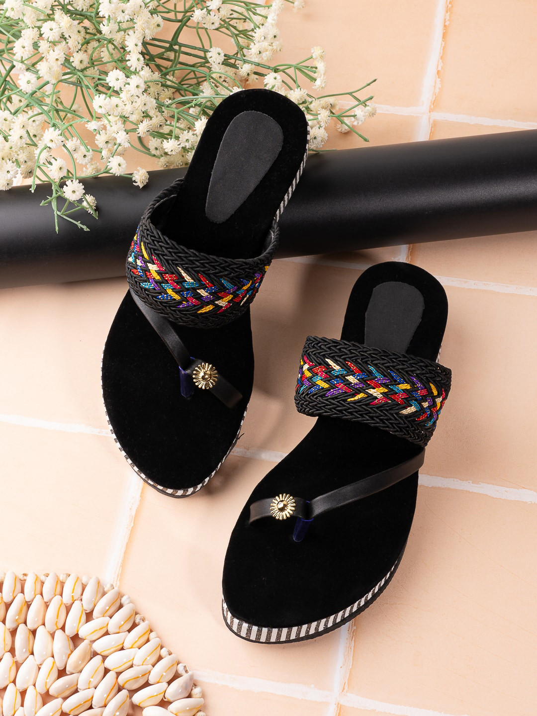 

Trendigo Ethnic Embellished Braided One Toe Wedges, Black
