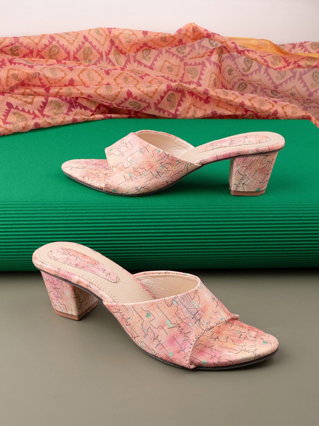 

Trendigo Printed Open Toe Block Heels, Pink