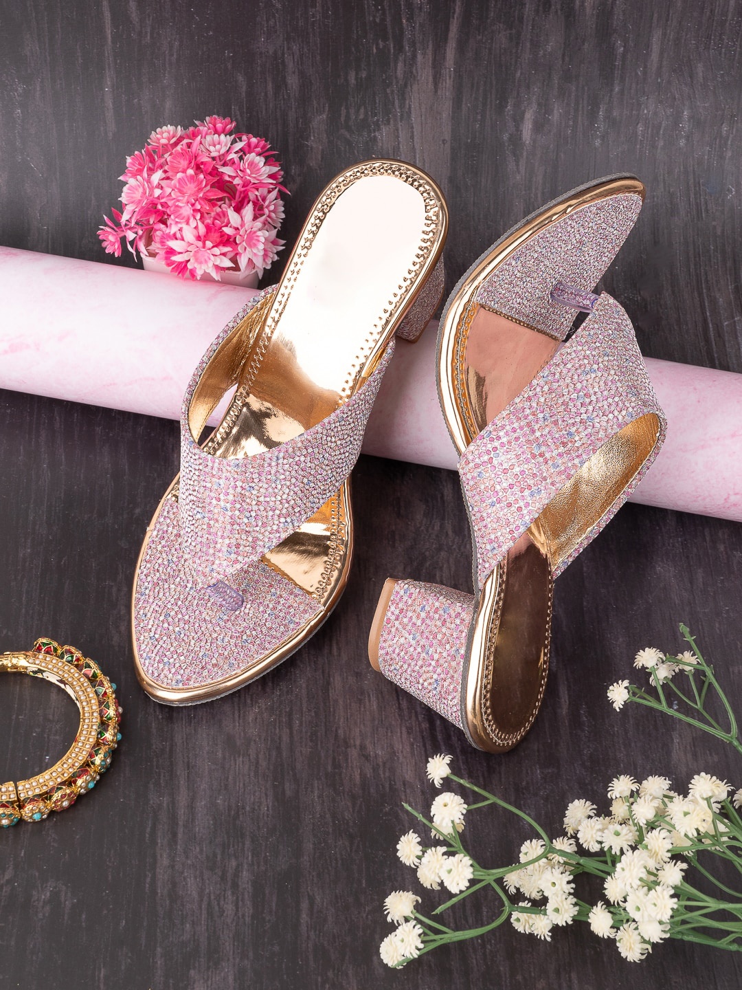 

Trendigo Embellished Open Toe Block Heels, Pink
