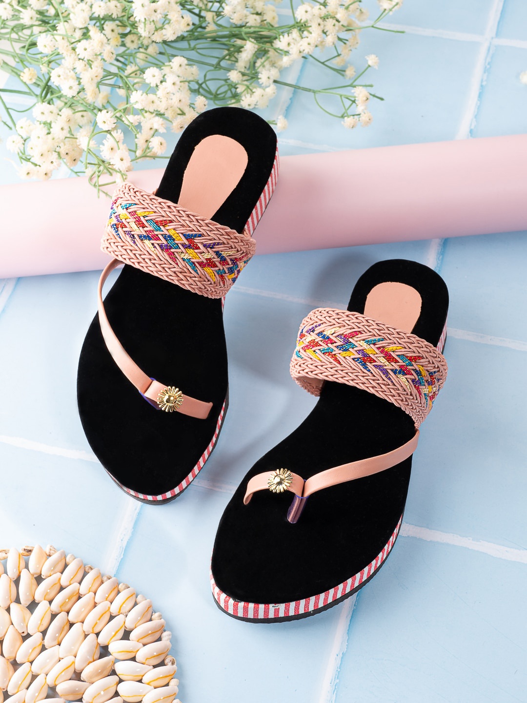 

Trendigo Ethnic Embellished Braided One Toe Wedges, Pink