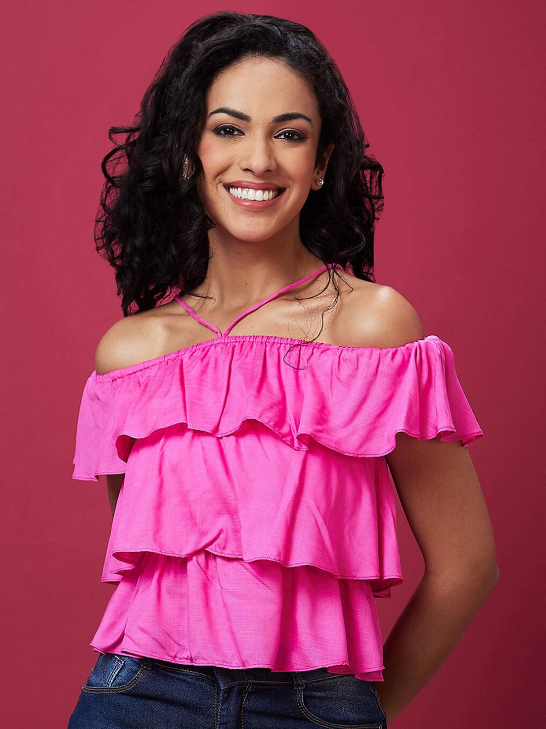 

Globus Off-Shoulder Neck Layered Tiered Top, Pink