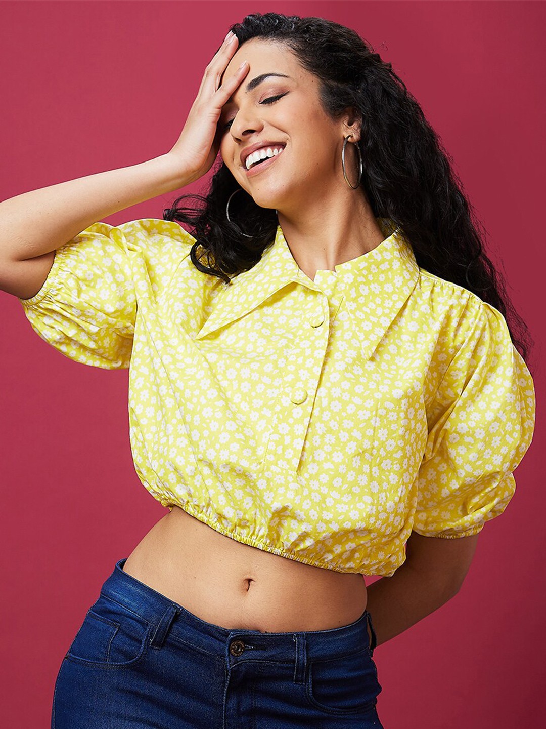

Globus Floral Printed Puff Sleeve Cotton Blouson Crop Top, Yellow