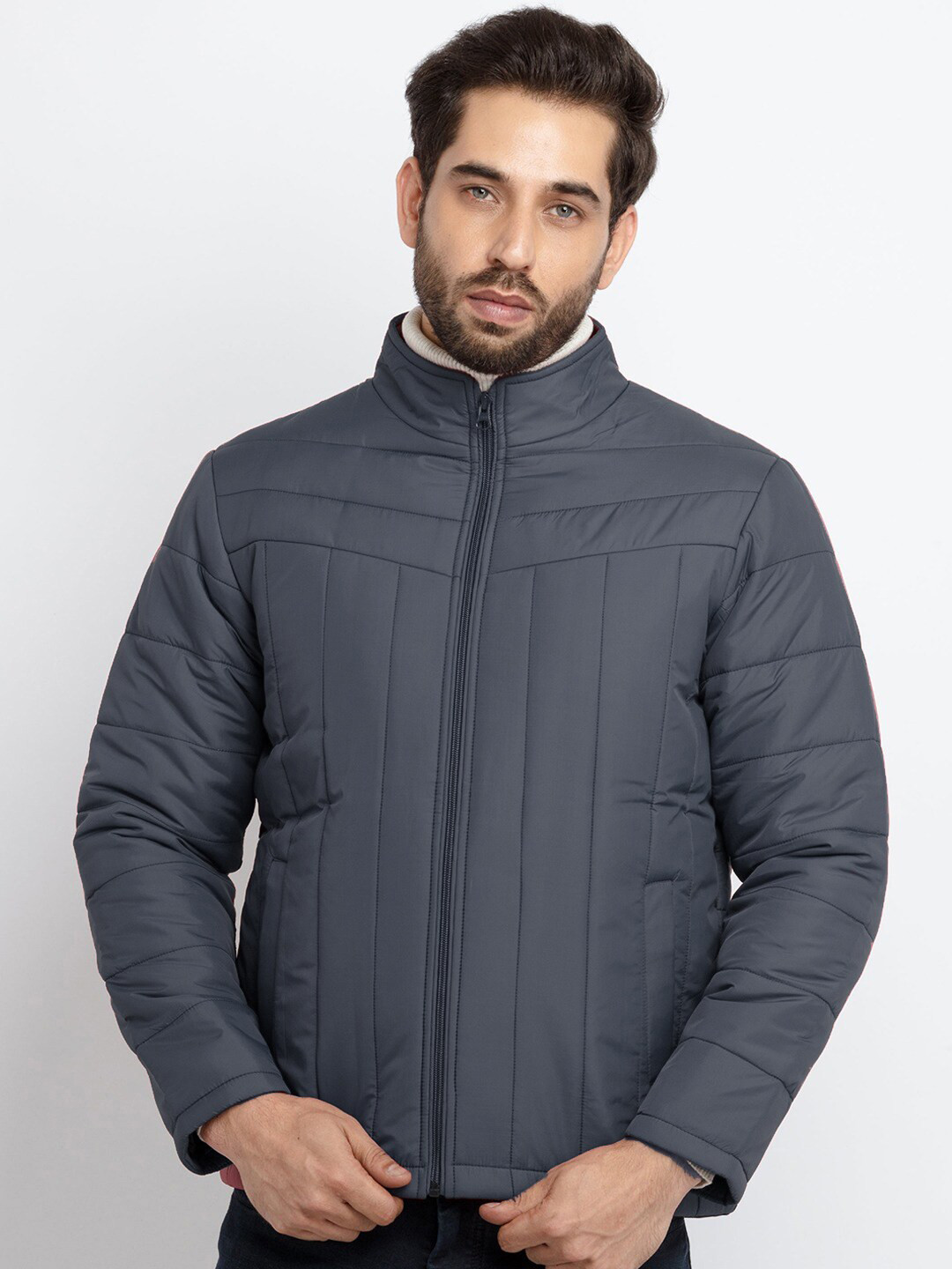 

9ty3ree Mock Collar Long Sleeves Insulator Outdoor Puffer Jacket, Navy blue