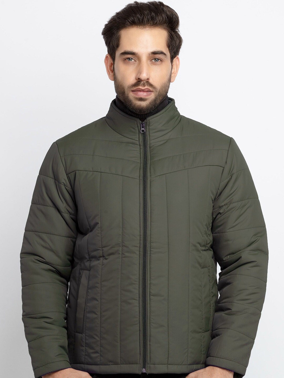 

9ty3ree Mock Collar Long Sleeves Insulator Outdoor Puffer Jacket, Olive