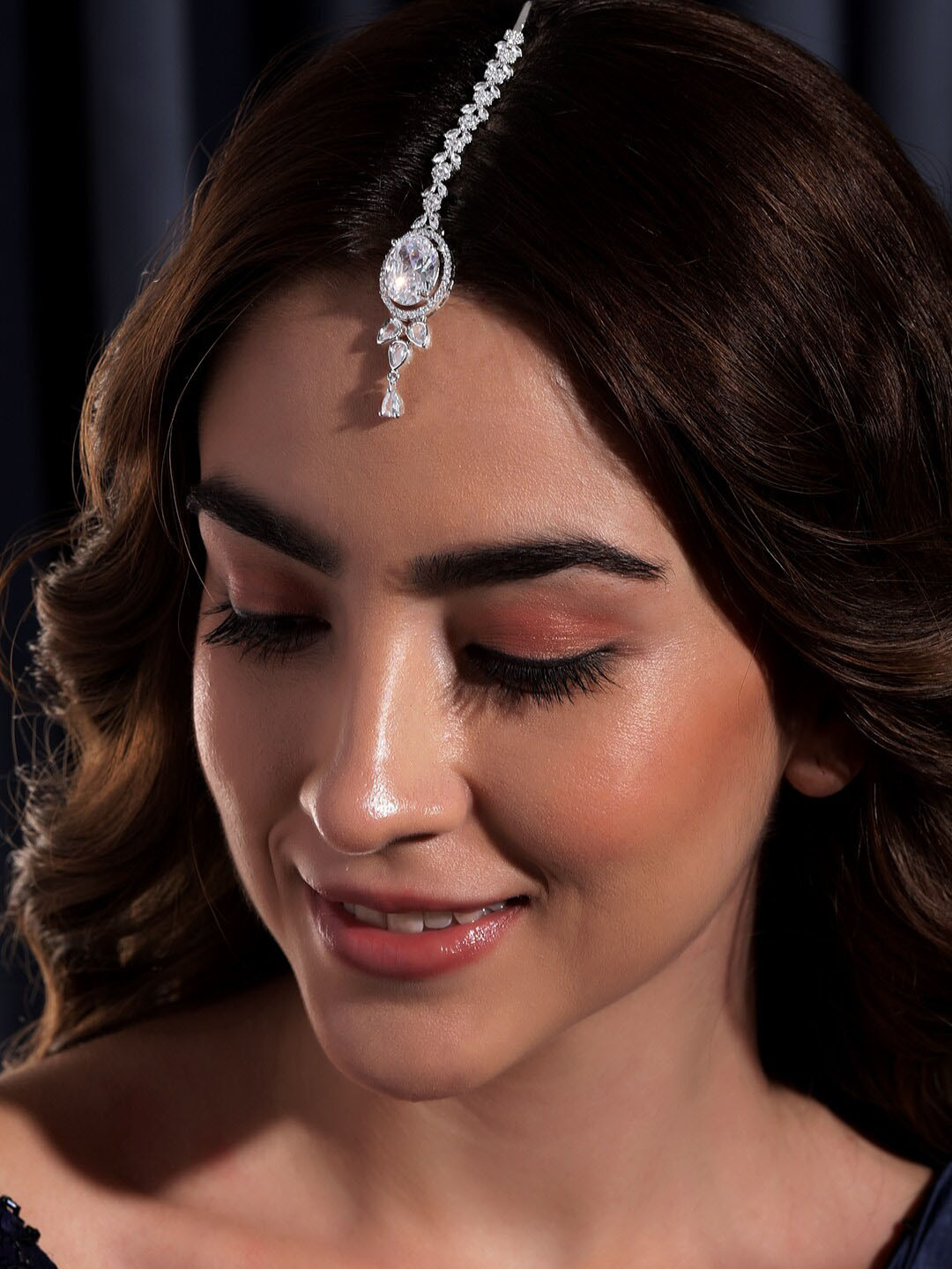 

Rubans Rhodium-Plated American Diamond Studded & Beaded Layered Maangtika, Silver