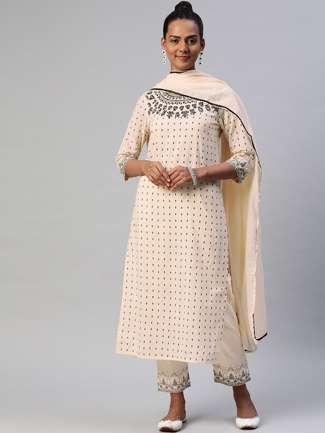

Hatheli Ethnic Motifs Printed Thread Work Pure Cotton Kurta with Trousers, Beige