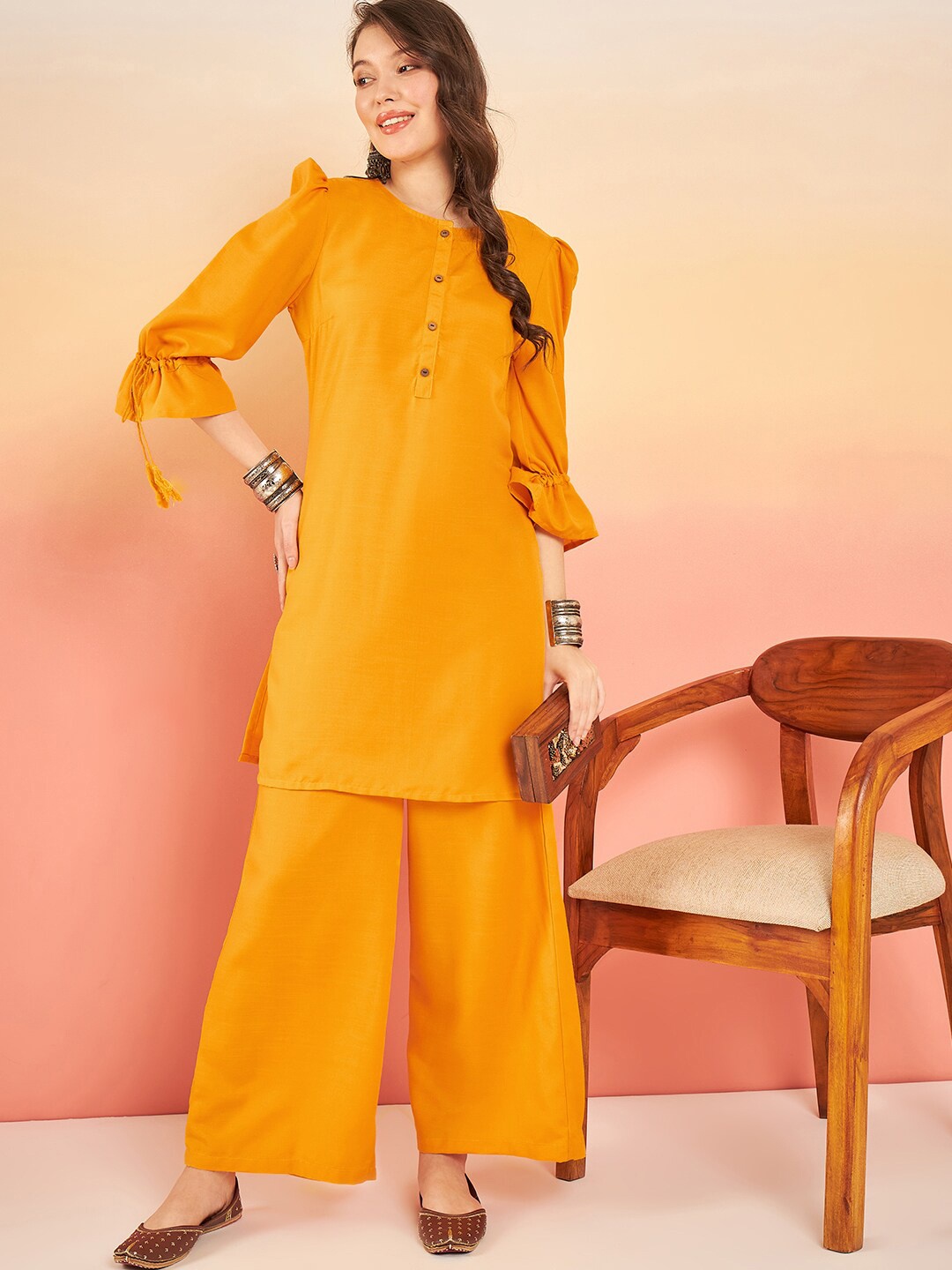 

Sangria Mustard Yellow Round Neck Puff Sleeves Straight Kurta With Palazzo