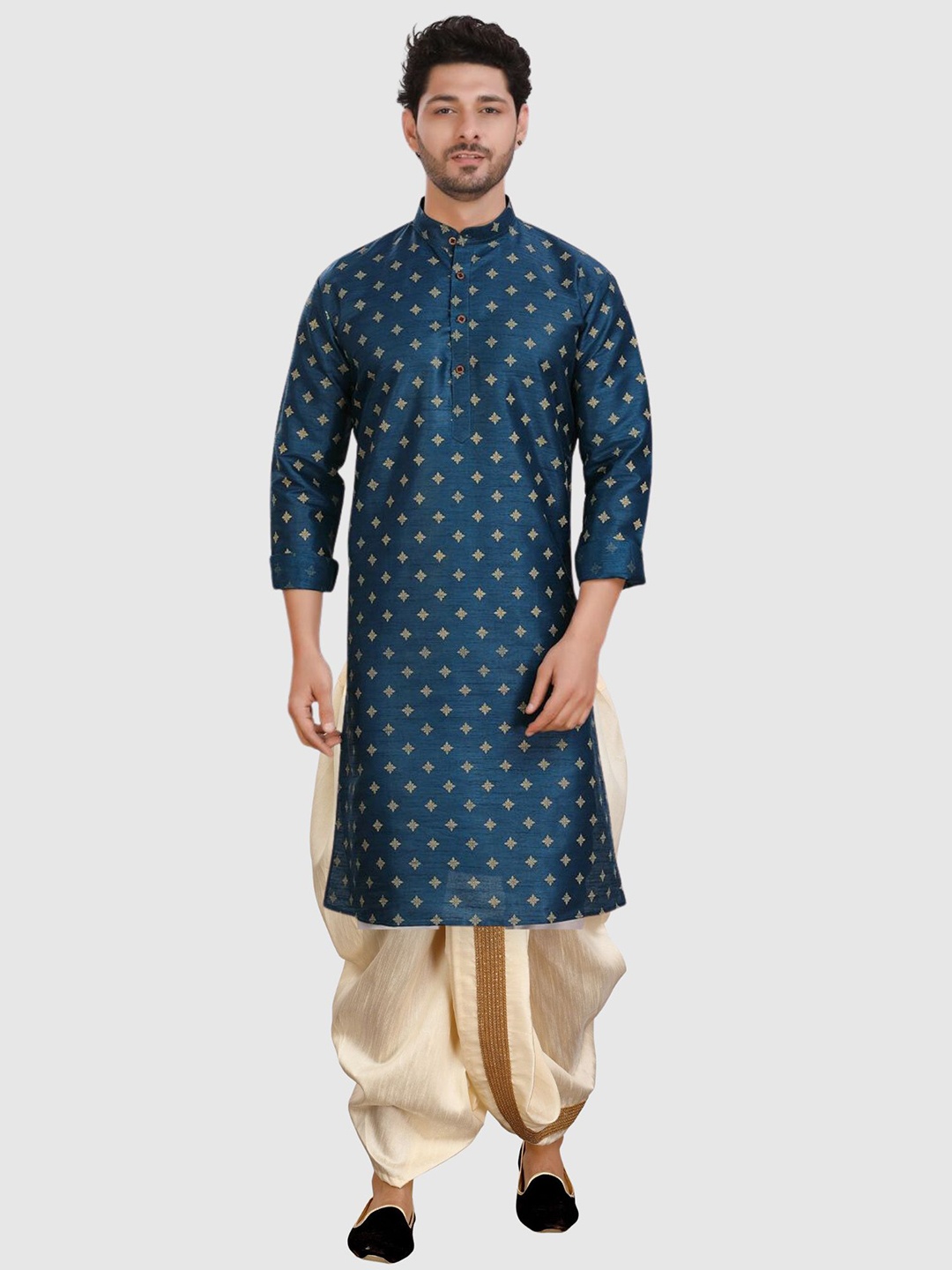 

SHIWAM ETHNIX Ethnic Motifs Printed Band Collar Long Sleeve Kurta With Dhoti Pant, Blue