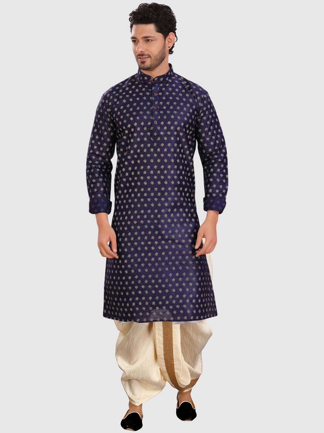 

SHIWAM ETHNIX Floral Printed Band Collar Long Sleeve Kurta With Dhoti Pant, Navy blue